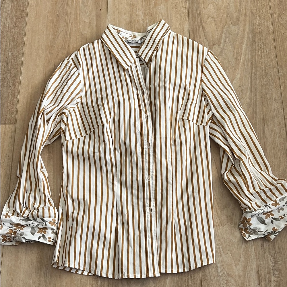 Signature by Larry Levine Tan and White Striped Blouse